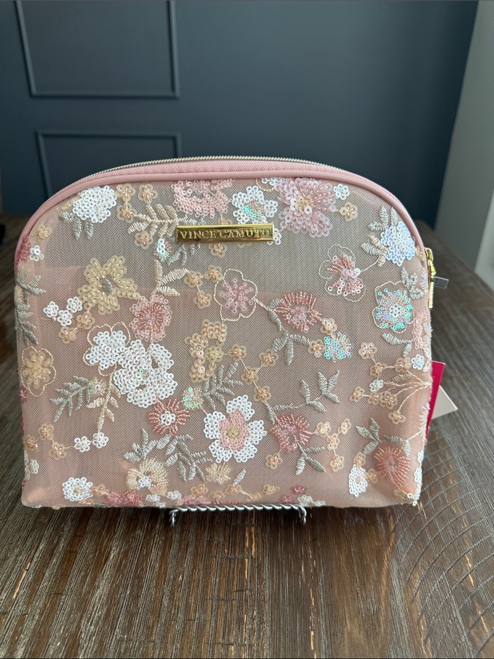 Vince Camuto Blush Pink Floral Sequin Cosmetic Case and pouch NWT